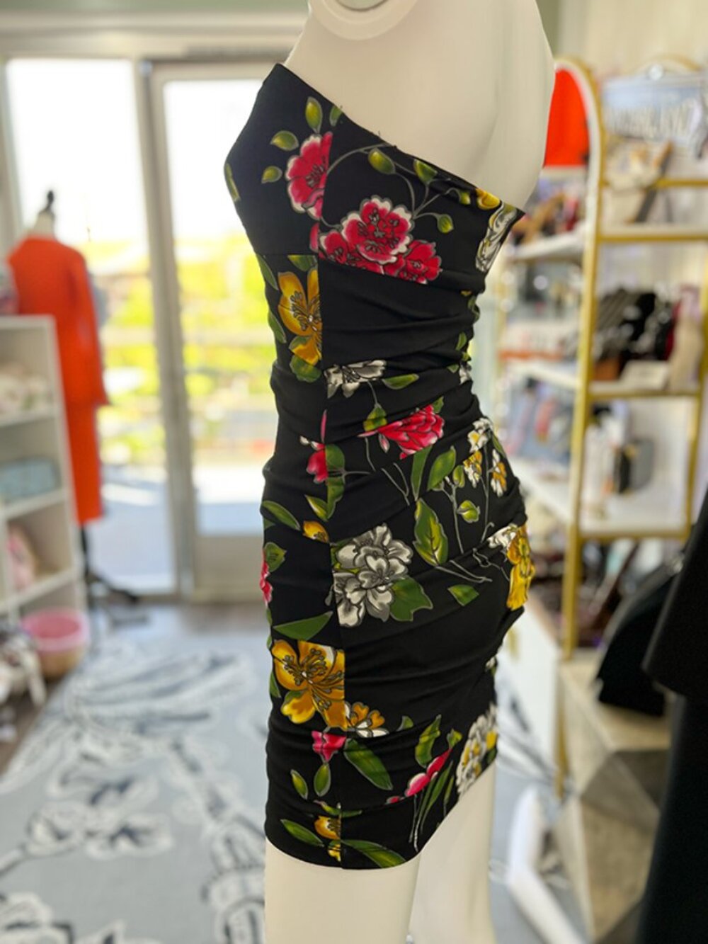 Nikibiki Strapless Floral Ruched Bodycon Mini Dress Black Multi Size M